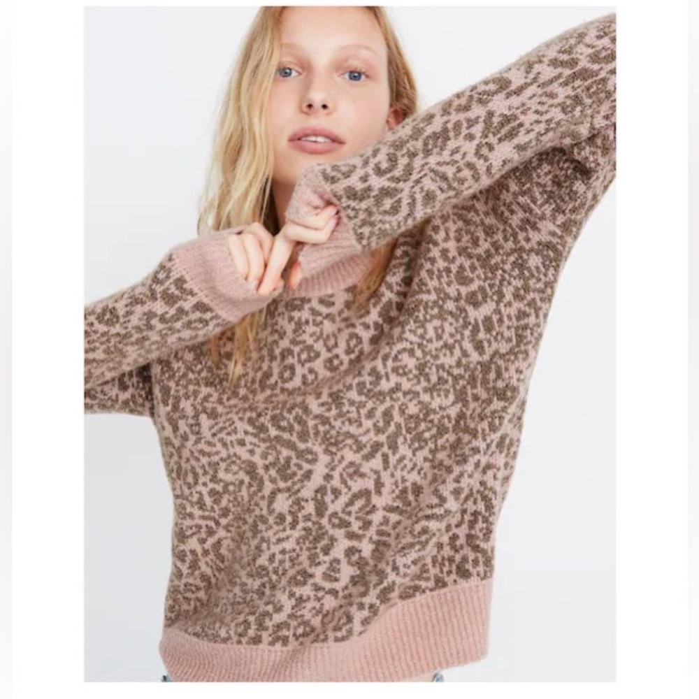 Madewell Leopard Print Brushed Crewneck Sweater Pink Brown XS Animal Print